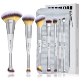 Jessup Makeup Brushes Set 3/7pcs Dual Ended Synthetic Foundation Blush Highlight Blending Eyebrow Brush with Bag,Quiet Gray T520