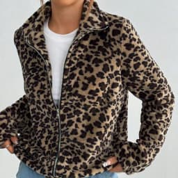 IG Women Leopard Print Stand Collar Zip-Up Fuzzy Jacket, Long Sleeve Warm Fluffy Short Coat, Winter Casual Street Outerwear