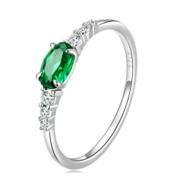 BAMOER 925 Sterling Silver Oval Gemstone Ring for Women Green Pink Zirconium Prongs Setting Ring Wedding Bridal Jewelry Gift
