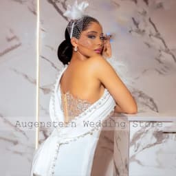 Customized Civil Wedding Dress One Shoulder Feather Long Sleeve Court Wedding Gowns Midi Sheath Pearl Applique Bridal Gown Short