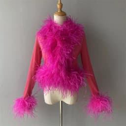 Jxwatcher Women's Sexy Mesh Feather Tops Spring Summer Ladies Vintage Celebrity Real Ostrich Feather Coat Fashion Party Wear New