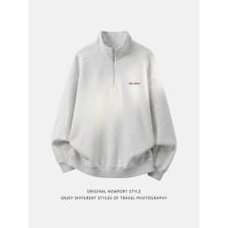 TFETTERS Fall Loose Cotton Half Zip Sweatshirt for Men Heather Gray Stand Collar Minimal Embroidered Casual Tops for Man EU SIZE