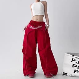 Y2K Red Patchwork Parachute Chic Pants Women Autumn Loose Streetwear Wide Leg Pants Female Hip Hop All Match Straight Trousers