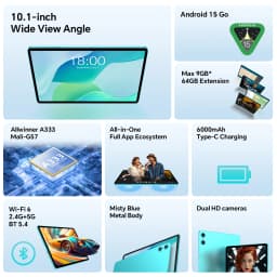 Teclast P33 10.1" Tablet 9Gb Ram 64Gb Rom Android 15 1280X800 Allwinner A333 5 Core 6000Mah Wi-Fi 6 Type C