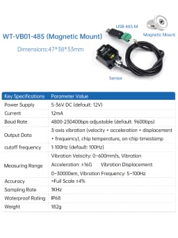 WitMotion WTVB01-485 Arduino Vibration Sensor,3axis IP68 Modbus Vibration Analyzer(Vibration Acceleration/Speed)for PLC & Python