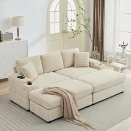 86.61'' Oversized Double Chaise Lounge with Ottomans, Comfy Corduroy Indoor Lounge Chair with Armrest Storage, Cup Holder, USB P