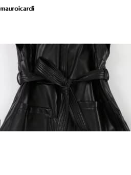 Mauroicardi Spring Short Black Soft Pu Leather Vest Women with Side Slit Sashes Stand Collar Luxury Chic Sleeveless Jacket 2025