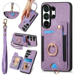 Ring Holder Cards Solt Leather Wallet Case For Samsung S25 Ultra S24 Plus S23 A16 A17 A07 Magnetic Kickstand Pocket Strap Cover