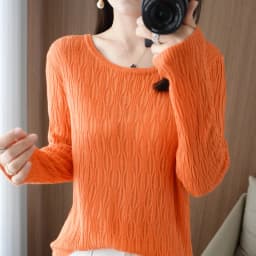 Autumn New Ladies Soft Breathable Sweater Wool Blend O-Neck Pullover Curved Hollow Out Knitted Sweater Slim-Fit Commuter Tops