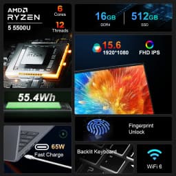 Ninkear A15 Pro Laptop, 15.6-Inch Fhd Ips, Amd Ryzen 5 5500U, 16GB DDR4 RAM, 512GB SSD, Wi-Fi 6, Backlit Keyboard, Fingerprint Reader, 65W Usb-C Fast Charging, 1.6kg Lightweight Design for Work and Study
