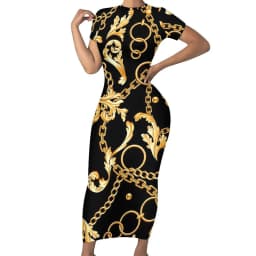 Retro Chains Bodycon Dress Summer Leopard Print Cute Maxi Dresses Women Short Sleeve Graphic Street Fashion Dress 3XL 4XL 5XL