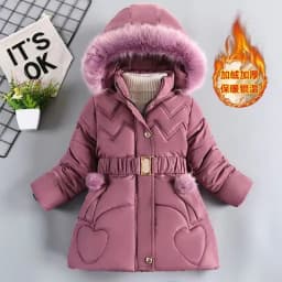 2024 New Winter Keep Warm Girls Jacket Waist Belt Design Detachable Hat Lining Plush Hooded Heavy Coat For Kids