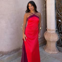 Color Block Twist Bust Slit Maxi Dress Spaghetti Strap Form-Fitting 2026 Summer Fashion Chic Bold Women Wedding Guest Gala Dress