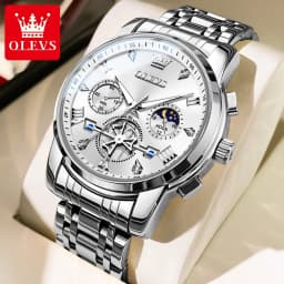 OLEVS 2856 Quartz Watch for Men Flywheel Skeleton Chronograph Moon Phase Multifunctional Stainless Steel Men's Wristwatches