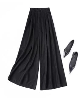 Birdtree 28M 100% Real Spun Silk Solid Pants,Women Jacquard Elastic Waist Autumn French Style Wide Leg Pant With Pocket P58002JF