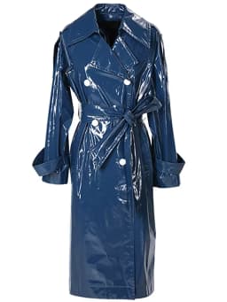 Nerazzurri Spring Autumn Waterproof Long Thin Soft Flowy Shiny Reflective Dark Blue Faux Leather Trench Coat for Women 2025