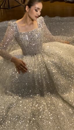 Customized Amanda Novias Official Square Neckline Long Sleeves Sparkly Wedding Dress