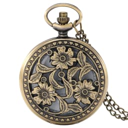 Vintage Bronze Flowers Quartz Analog Pocket Watch Gift Men Women Necklace Pendant Pocket Clock Arabic Numerals Dial Retro Watch