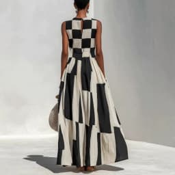 Sleeveless Black White Geometric Patchwork Print Party Dress Women Summer O Neck Loose Maxi Dress Elegant Holiday Ladies Dress