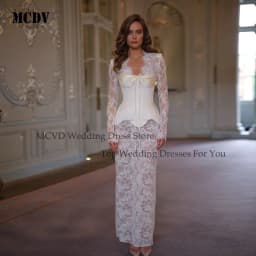 Customized White Mermaid Bow Collar Wedding Dress Lace Long Sleeve Lace-Up vestidos de noche Floor-Length robe de mariée