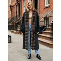New Luxury Winter Real Natural Fox Fur Collar Woolen Blends Knit Long Overcoats Women Loose Warmth Cashmere Fur Jacket