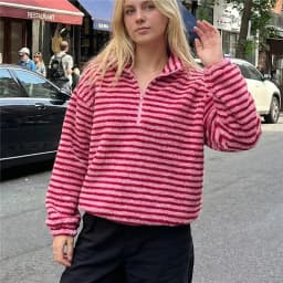 Women's Striped Fleece Jacket Color Block Half Zip Sherpa High Neck Pullover Trendy Oversized Warm Fuzzy Sweatshirt