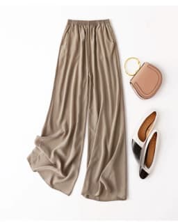 Tcyeek 100% Natural Silk Pants Women Summer Clothes Casual Elastic Waist Wide Leg Pants Solid Color Woman Trousers Streetwear