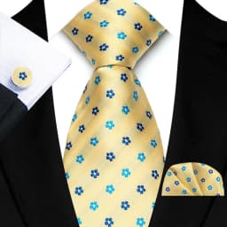 3Pcs Men's Yellow Color Stripes Plaid Solid Ties Pocket Square Cufflinks Wedding Prom Accessories 8cm Cravat Gift for Men