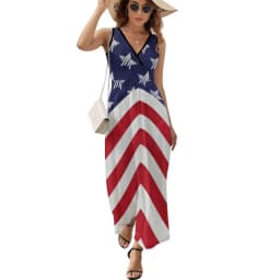 American Flag Dress Patriotic Flag Star Design Boho Beach Long Dresses V Neck Print Maxi Dress Korean Fashion Clothes Oversize