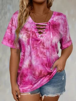 Plus size tie-dye printed short-sleeved T-shirt elegant lace-up hanging collar design top spring and summer casual style