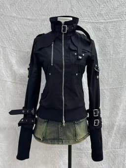 Y2K Gothic Black Slim Double Zipper Hoodie Women's Y2K American Retro Fashion Slim Oversized Cuffs Casual Motorcycle Jacket