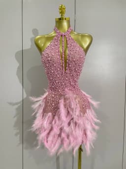 Luxury Glitter Feather Pearls Halter Backless Short White Party Dress Women Celebrate Birthday Outfit Performance Dance Costume