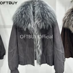 OFTBUY Real Fox Fur Oversized Collar Goose Down Jacket Winter Warm Zipper Drawstring Hem Outerwear Women Suede Cropped Coat