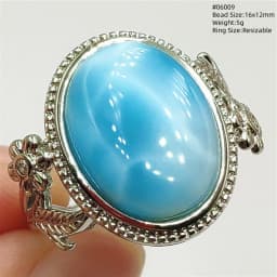 Natural Blue Larimar Adjustable Ring 925 Sterling Silver Larimar Gemstone Women Men Water Pattern AAAAA
