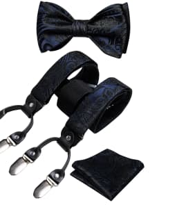 Adjustable Slive Paisley Suspender Self-tie Bowtie Pocket Square Cufflinks Set Luxury 6 Clips Mental Elastic Classic straps