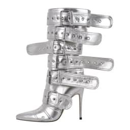 Onlymaker Women Pointed Toe Mid-Calf Boots Buckle Strap Thin High Heel Lady Zipper Female Stiletto Boots