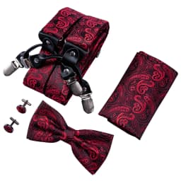 Burgundy Black White  Mens Suspender Adjustable 6 Clips Jacquard Braces Bowtie Hanky Cufflinks Set Silver Gold