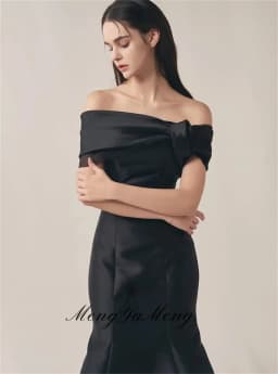 Simple Mermaid Black Korea Evening Dresses Off the Shoulder Customized Photo shoot Thick Satin Floor Length Wedding Dress