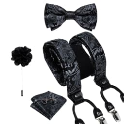 Luxury White Men's Suspenders Adjustable 6 Clips Braces DiBanGu Leather Metal Pre-Tied Bow Tie Brooch Pocket Square Set
