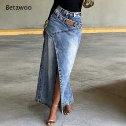 Ladies Vintage Washed Denim Long Skirt Irregular Overlap Design High Split Maxi Skirt High Waist Fashion Casual