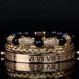 3PCS Mens Premium Black Agate Beaded Bracelet Set - Double Leopard Head, Roman Numerals, Adjustable Braided Design Bracelets