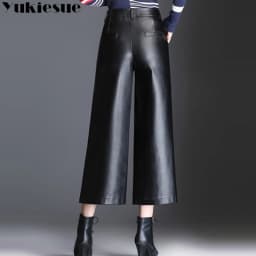 Pu wide leg pants capri women 2022 winter autumn high waist straight leather pants female trousers clothe pantalon femme