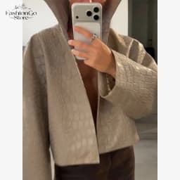 Beige Croc Leather Cropped Jacket Y2k Stand Collar Long Sleeve Wide Cuff Oversize Coat 2026 Autumn Street Daily Casual Outerwear