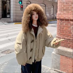 Winter New Horn Button Hooded Down Cotton Jacket Women Chic Faux Fur Collar Baggy Parkas Coat Korean Street Warm Padded Jackets