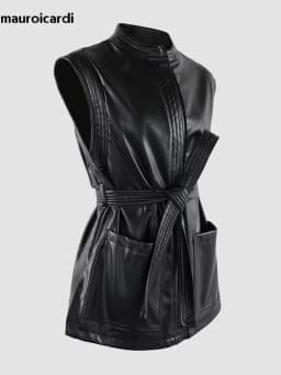 Mauroicardi Spring Short Black Soft Pu Leather Vest Women with Side Slit Sashes Stand Collar Luxury Chic Sleeveless Jacket 2025