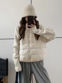 Afashion Lightweight Knitted Sweater Sleeve Patchwork down Cotton Jacket Women's Short Style 2025 Winter New Arrival Small Size