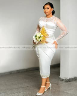 2026 Civil Wedding Dresses for Bride O Neck Long Sleeve Tea Length Pearls Aso Ebi Satin Court Bridal Reception Dress Customized
