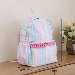 Rainbow Striped Backpack Light Colored Schoolbag With Adjustable Shoulder Straps And Pink Pleated Lace Design Fashion