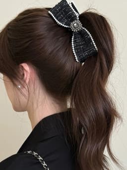 1pc Luxurious Korean-style square diamond pearl bow banana hair clip, sweet temperament ponytail hairpin, vertical clip