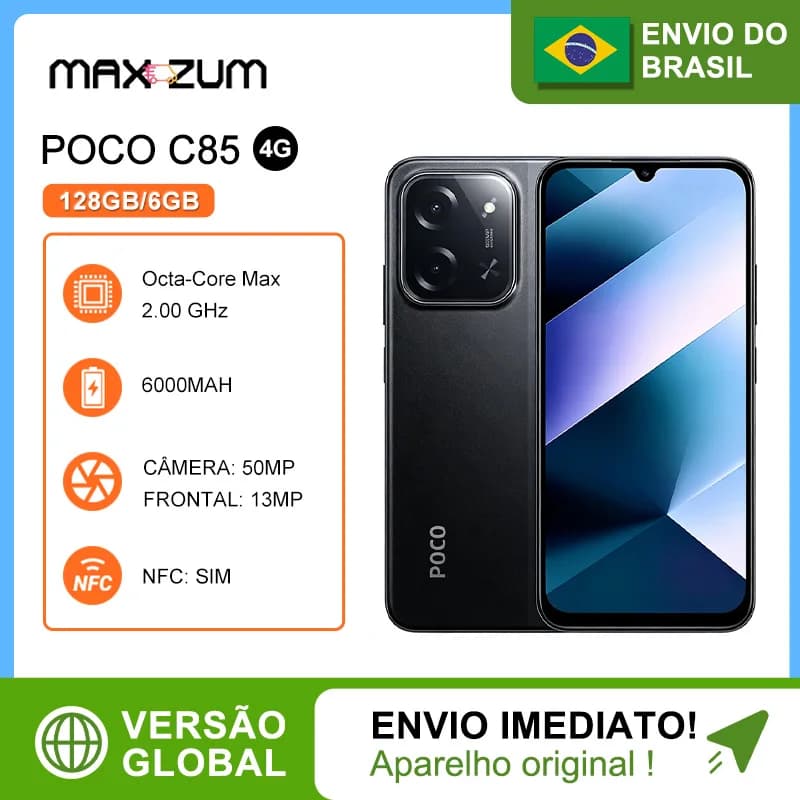 POCO C85 4G 128/6GB Android 15 NFC Tela 6.9” 120Hz Versão Global Bateria 6000mAh Carga Rápida